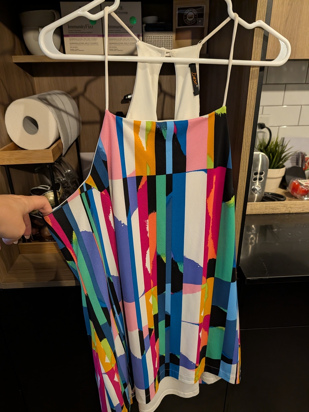 Dex Multicolor Abstract Striped Mini Dress with White Racerback